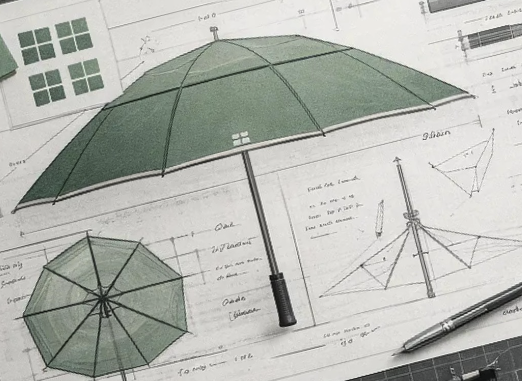 Engineered umbrella design showing the frame and canopy for improved wind resistance
