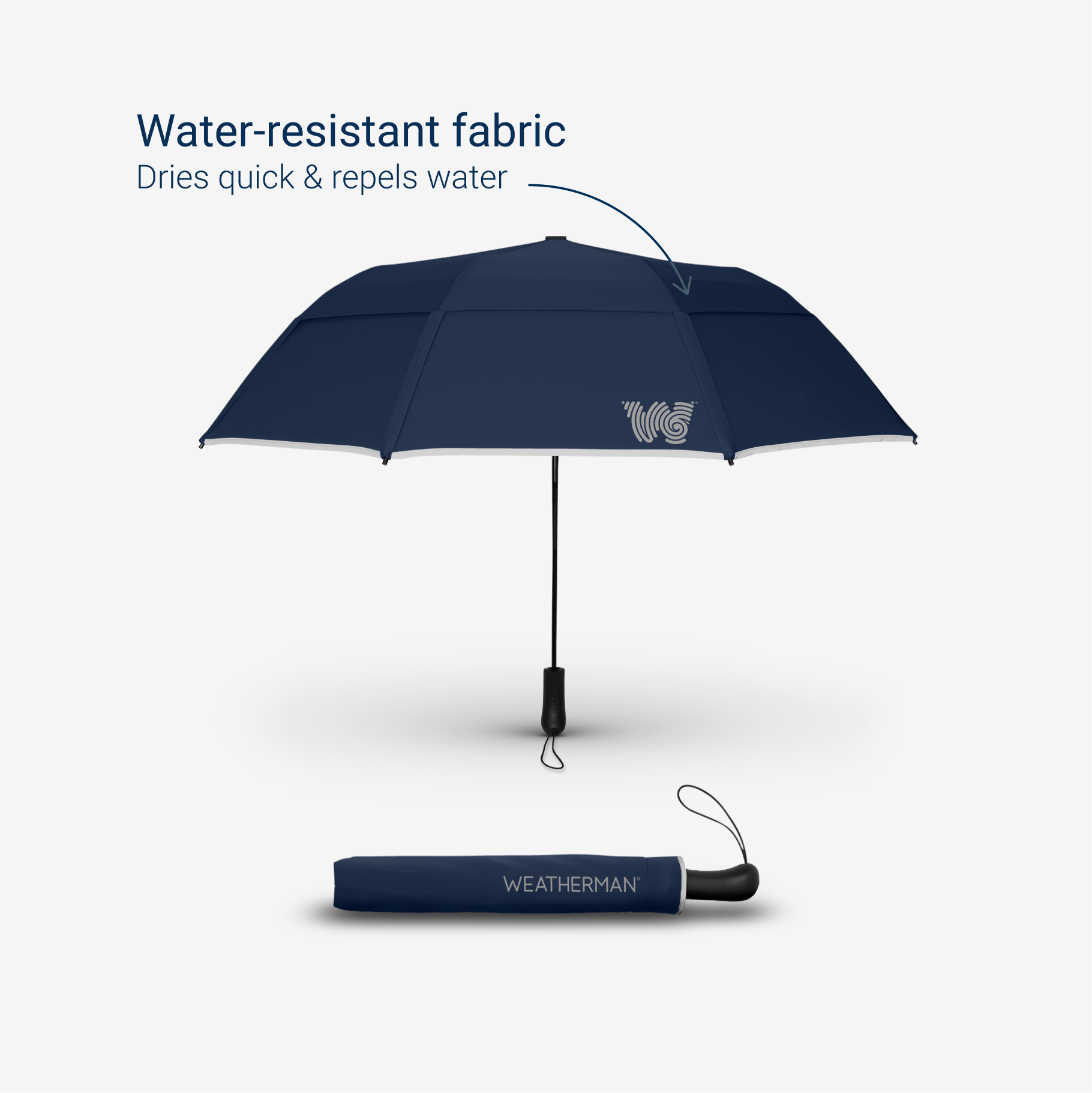 Weatherman Collapsible Umbrella in navy blue with water-resistant fabric feature.