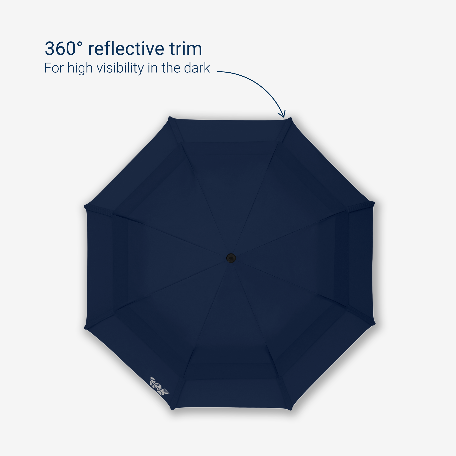 Weatherman Collapsible Umbrella in navy blue with 360 degree reflective trim feature.