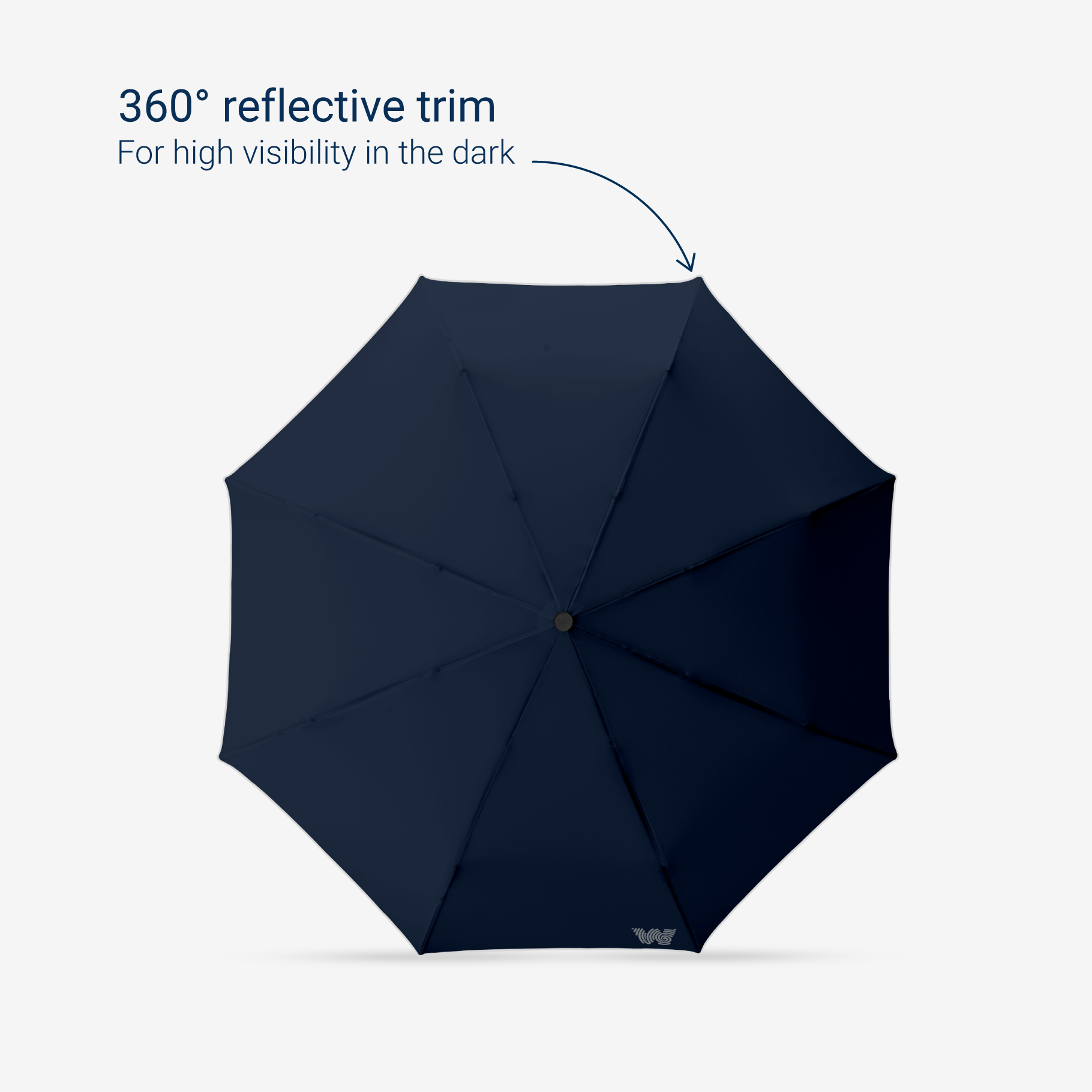 Weatherman Travel Umbrella in navy with 360 degree reflective trim feature.