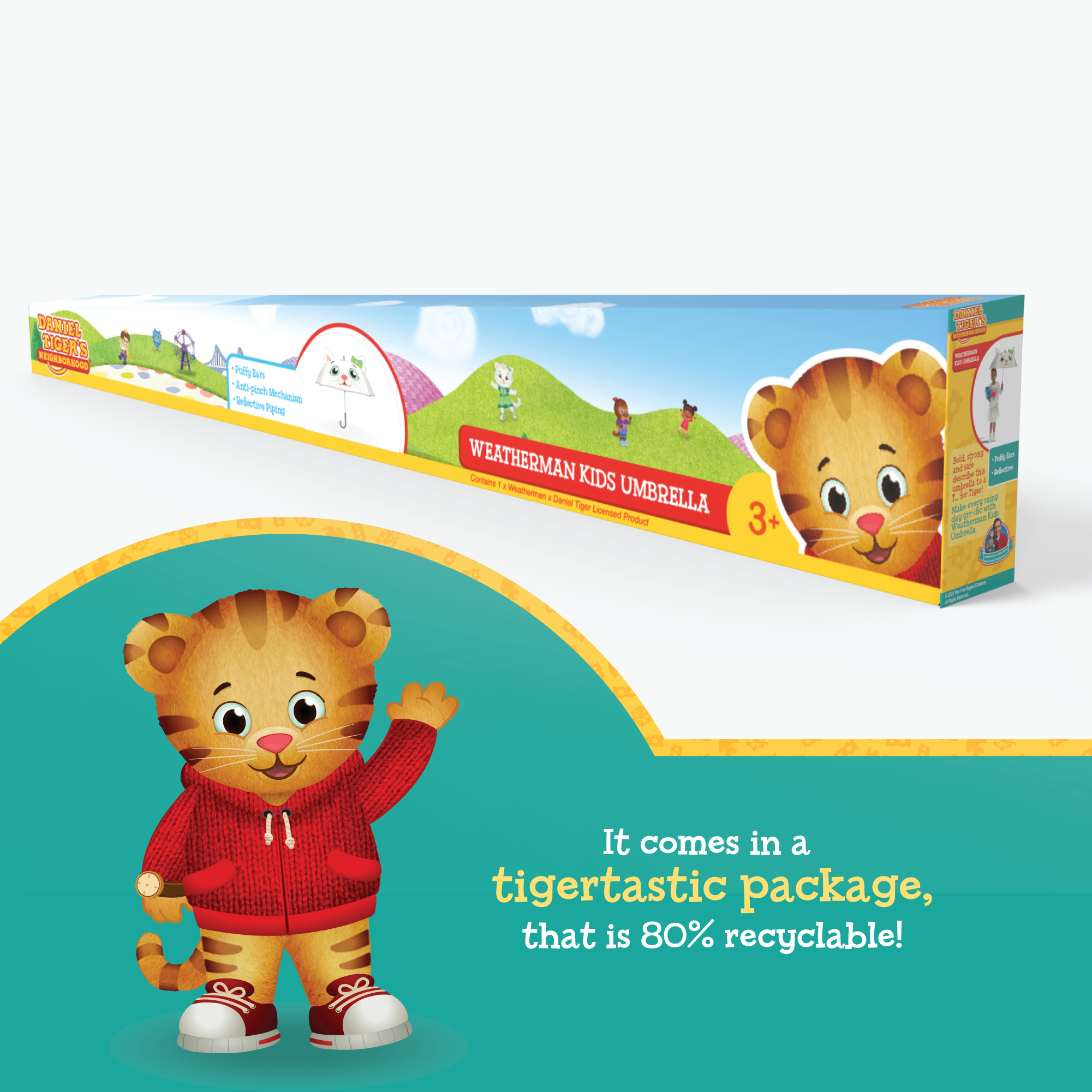 Daniel Tiger's Neighborhood Kids Umbrella 80% recyclable packaging feature.