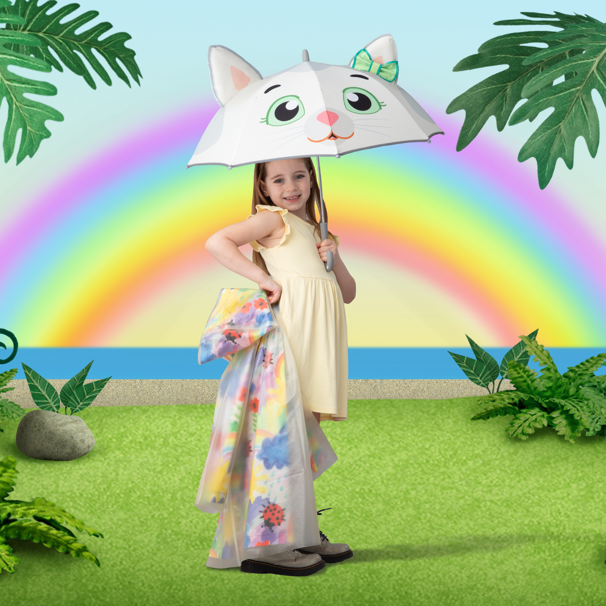 Girl holding Daniel Tiger's Neighborhood Katerina Kittycat Kids Umbrella.