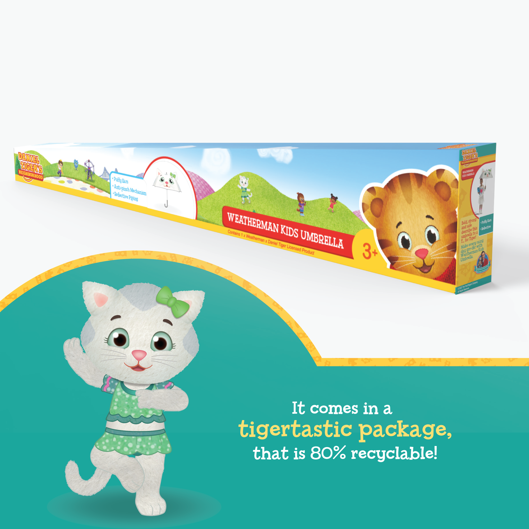 Daniel Tiger's Neighborhood Katerina Kittycat Kids Umbrella 80% recyclable packaging feature.