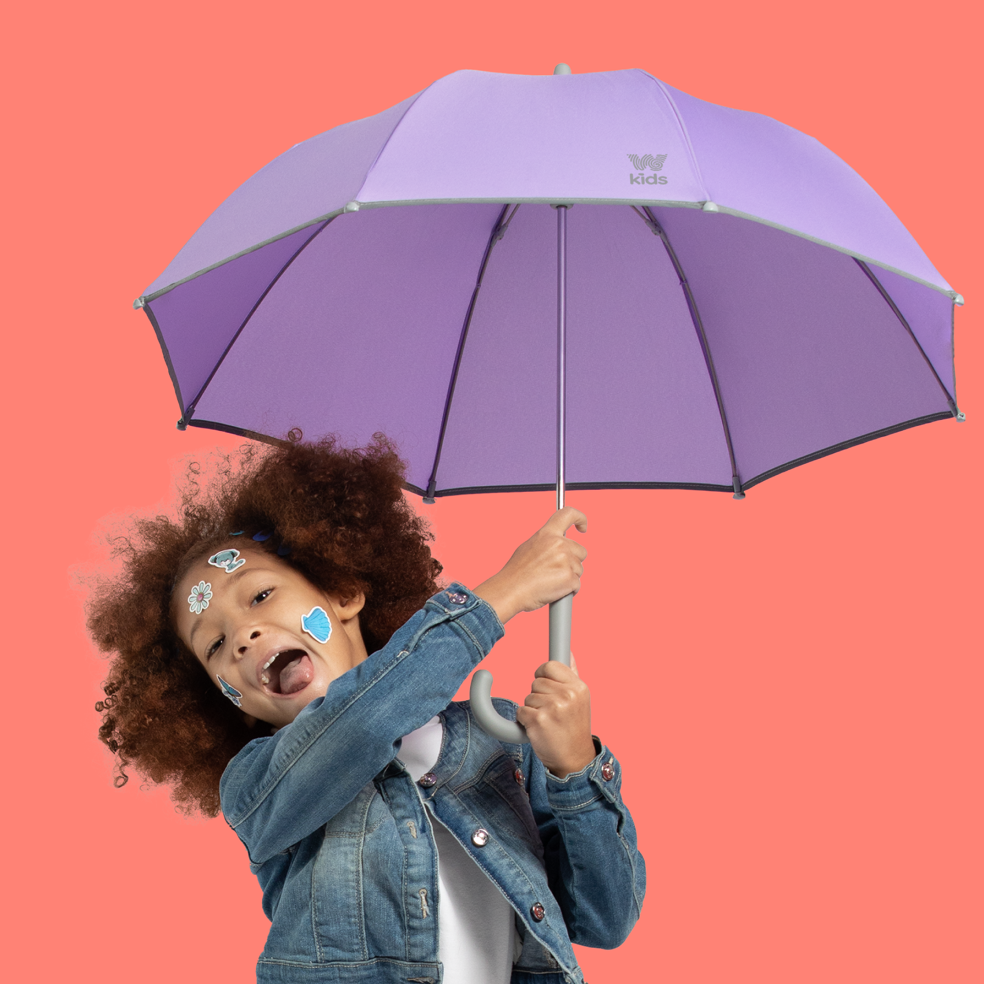 Girl making funny face and holding Weatherman Kids Umbrella in lilac purple.