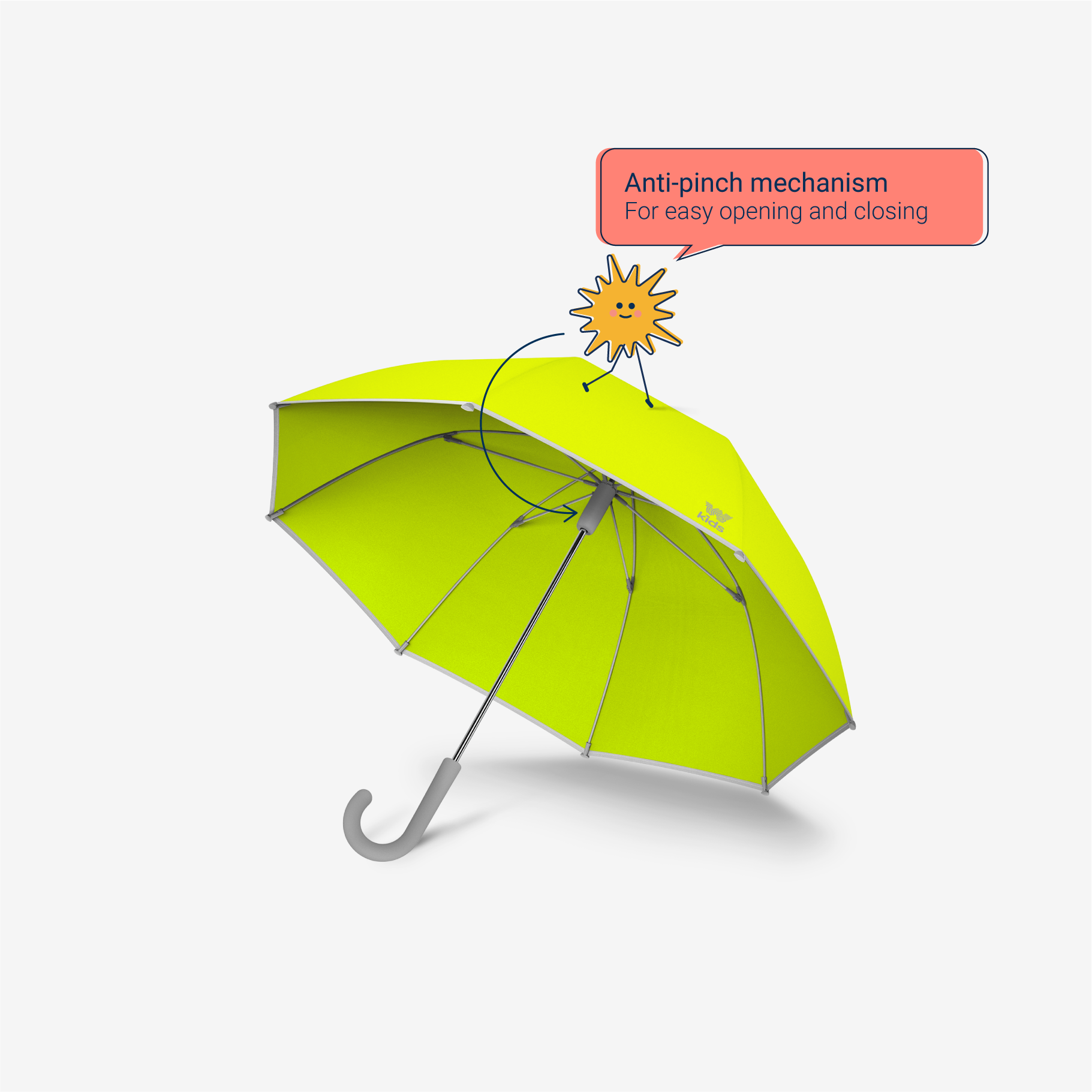 Weatherman Kids Umbrella in neon yellow with anti-pinch mechanism feature.