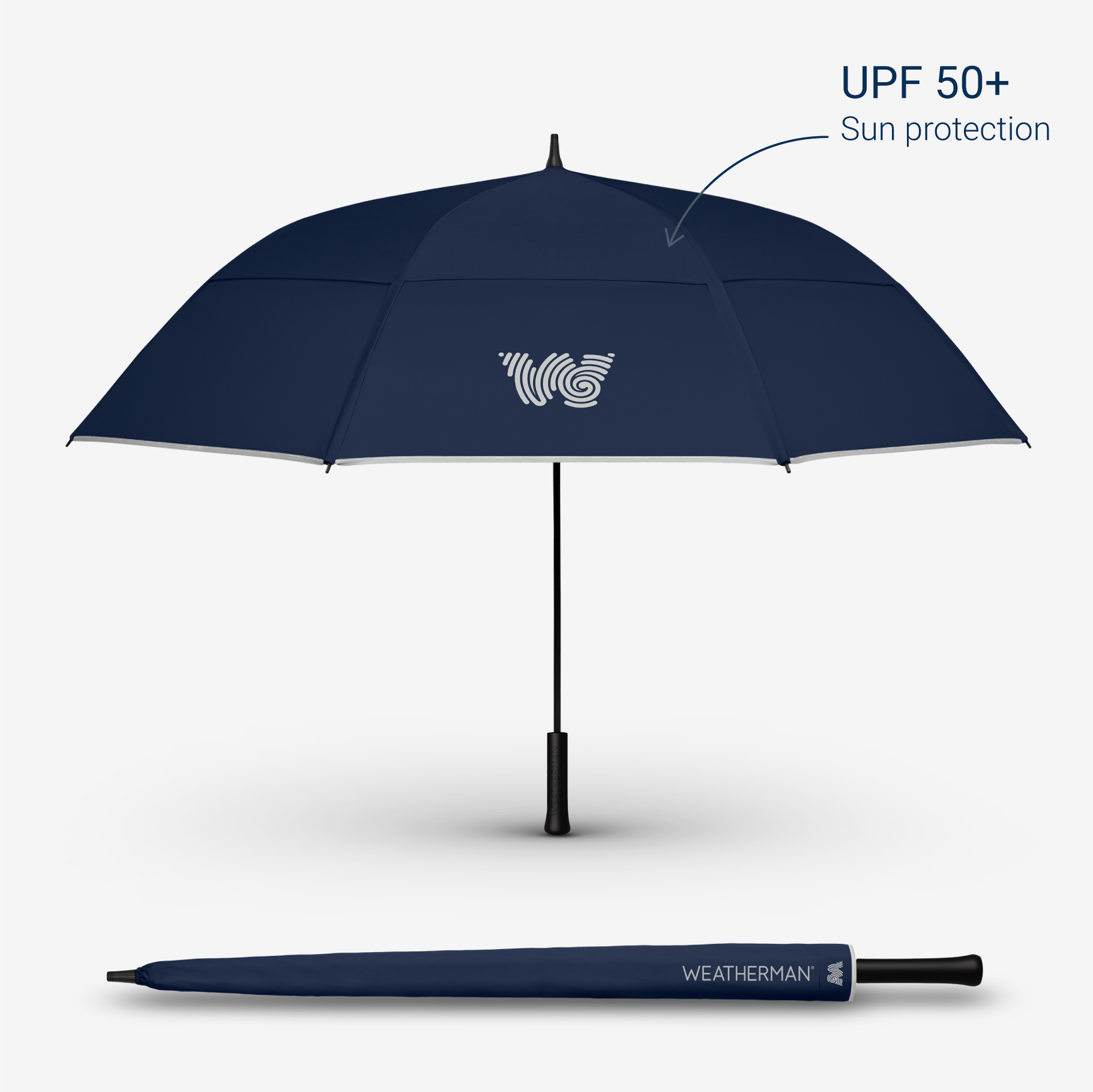 Weatherman Golf Lite Umbrella in navy blue with UPF 50+ sun protection feature.