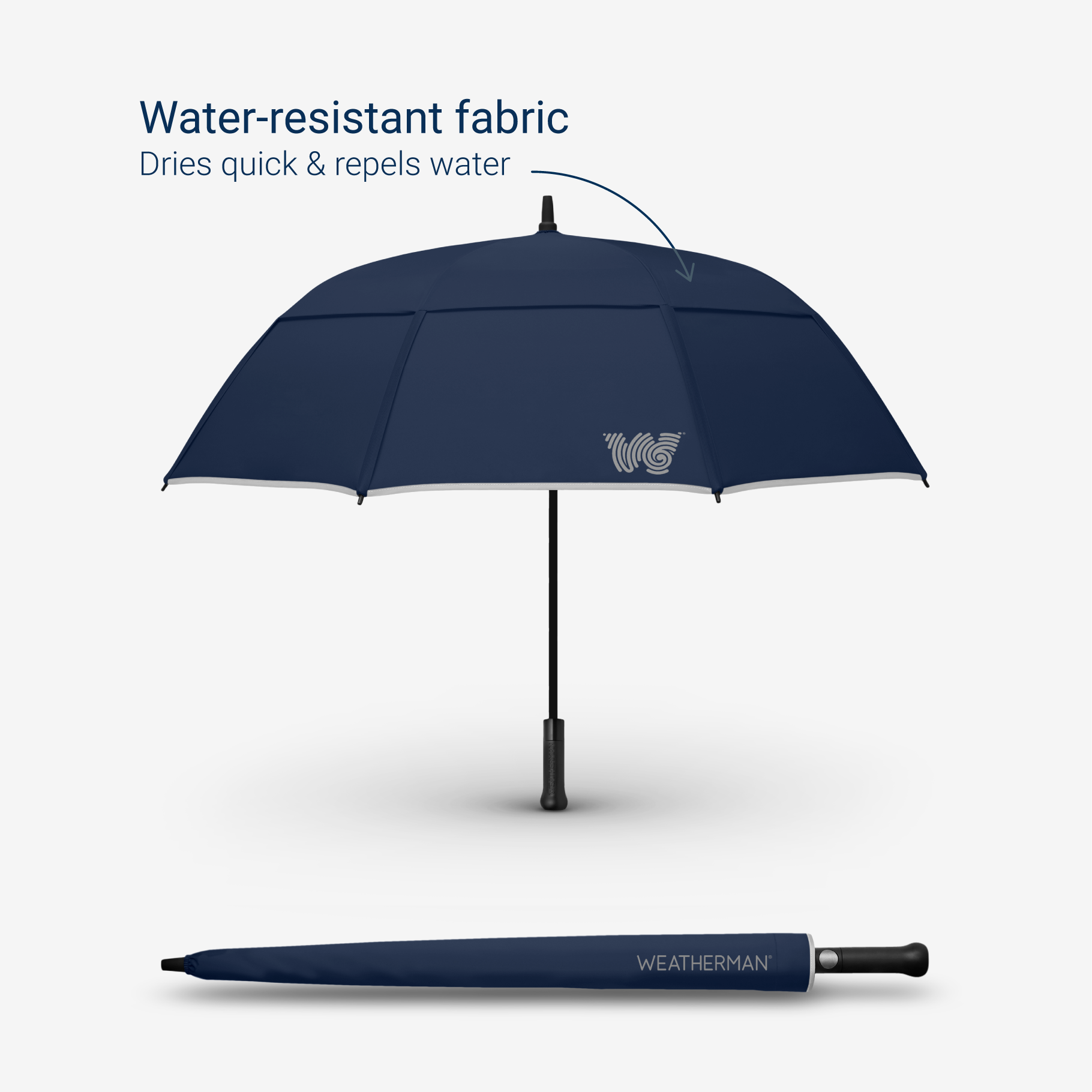 Weatherman Stick Umbrella in navy blue with water-resistant fabric feature.